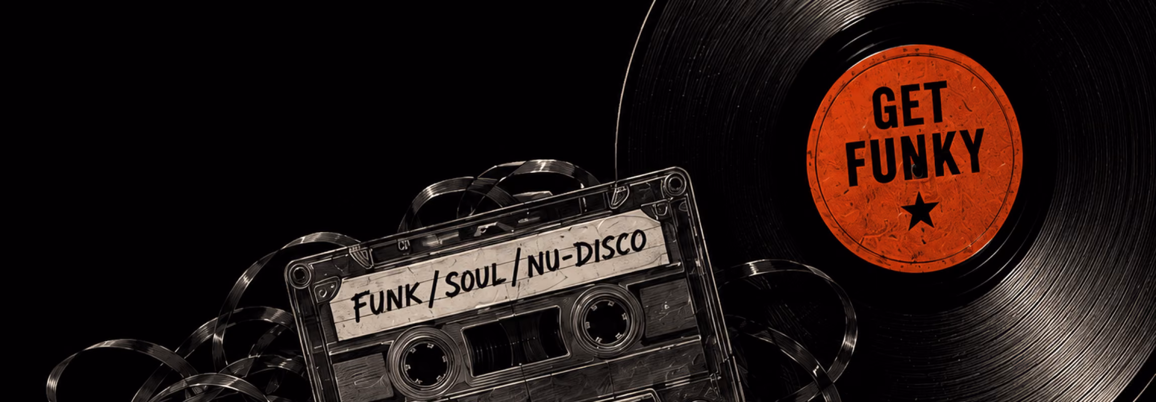 Vintage-Audiokassette mit der Aufschrift „Funk / Soul / Nu-Disco“ und Vinyl-Schallplatte mit „Get Funky“-Label. Das Retro-Motiv steht für die musikalische Welt von MaiP Jorgenson und seine Leidenschaft für Funk, Soul und Nu-Disco.
