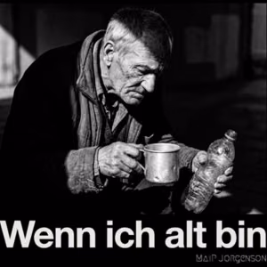 Cover des Songs „Wenn ich alt bin“ von MaiP Jorgenson. Schwarzweiß-Porträt eines älteren Mannes mit Tasse und Plastikflasche als Symbol für Vergänglichkeit und das Älterwerden.