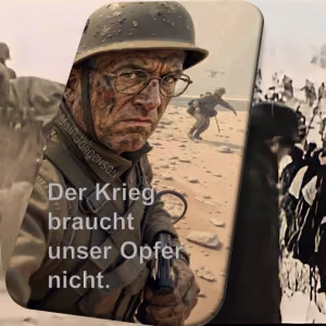 Soldat mit ernstem Blick auf einem Schlachtfeld. Das Cover des Songs „Der Krieg braucht unsere Opfer nicht“ von MaiP Jorgenson steht für Frieden, Menschlichkeit und die kritische Auseinandersetzung mit Krieg und seinen Folgen.