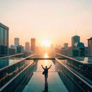 Eine einzelne Person steht mit ausgebreiteten Armen auf einer Dachterrasse und blickt in den Sonnenaufgang über einer Stadt. Das Cover des Songs „Sage ihm“ von MaiP Jorgenson und Liska symbolisiert Hoffnung, Sehnsucht und neue Perspektiven.