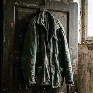 Cover des Songs „Die Jacke zieh ich nicht mehr an“ von MaiP Jorgenson. Eine alte Jacke hängt an einer Tür und symbolisiert Veränderungen, Erinnerungen und neue Lebensabschnitte.